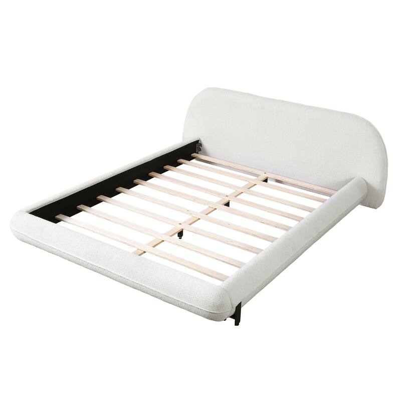 White Upholstered Boucle Fabric Low-Profile Platform Bed Frame with Thought Embeded Curved Thick Headboard and Metal Support Leg
