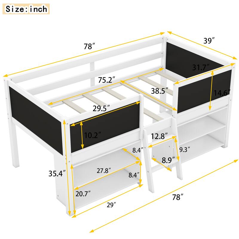 Twin Size Low Loft Bed with Movable Shelves, Ladder, and Chalkboard Guardrail, White