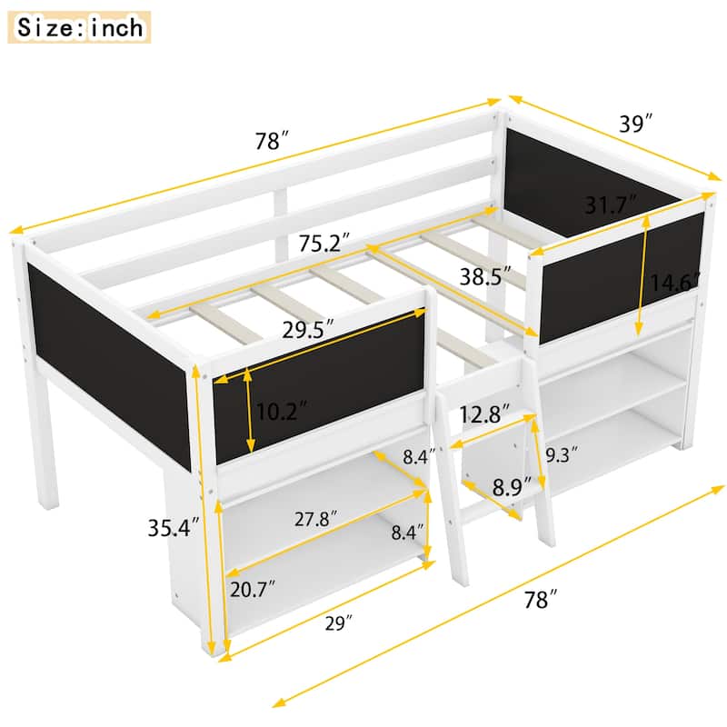 Twin Size Low Loft Bed with Two Movable Shelves, Ladder and Chalkboard, Kids Low Loft Bed Frame No Box Spring Needed for Boys