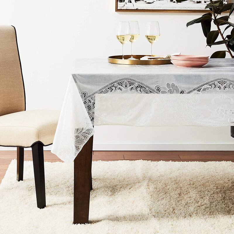 Violet Linen Vinyl Lace Battenberg embossed Floral Pattern Tablecloth - 60" X 90" - White