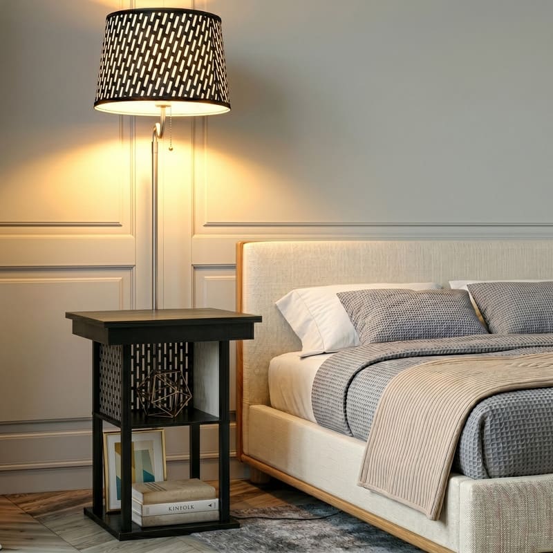 Brightech Madison 56 in. Classic Black Modern LED Bedside Table Lamp with Fabric Drum Shade and Built-In Wireless Charging Pad