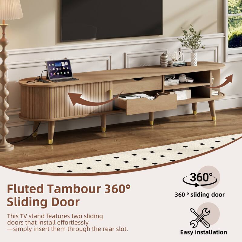 Wooden Oval TV Stand with Charging Station for TV up to 80", Fluted Sliding Tambour Door TV Cabinet Media Console, Natural