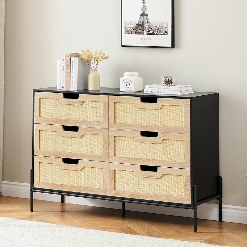 Rattan 6 Drawers Dresser, Double Dresser for Bedroom