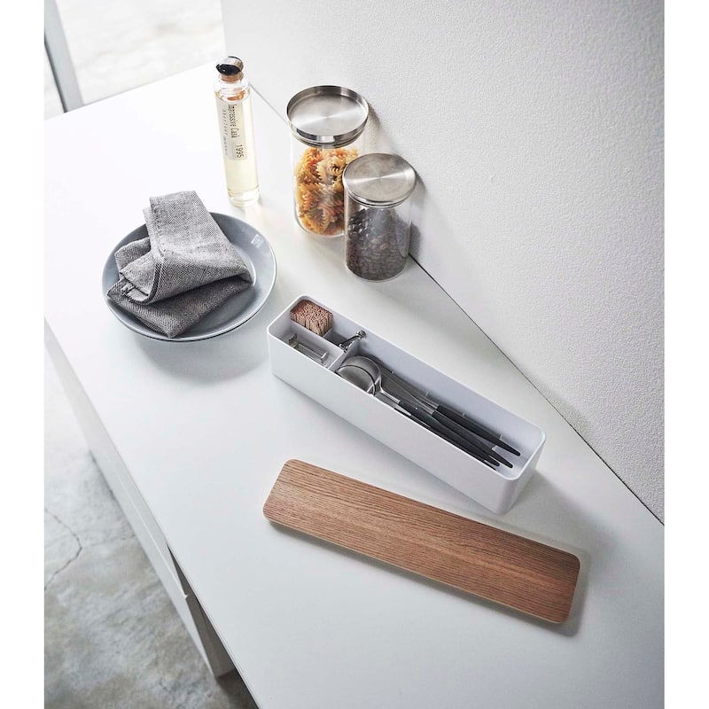 Yamazaki Home Utensil Case, Plastic and Wood, Lid - L 2.95 x W 12.87 x H 3.15 inches
