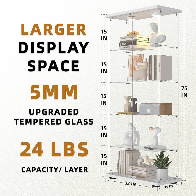 Glass Display Cabinet 5-Shelf with Door, LED Push Lights with Remote Control,5mm Tempered Glass Floor-to-Ceiling Bookcase