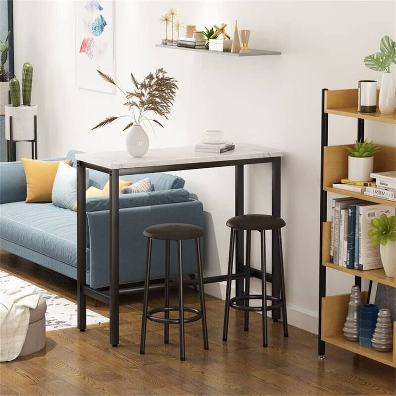 3 Piece Kitchen Pub Dining Set, Modern Faux Marble Counter Height Bistro Bar Table Set with 2 PU Leather Bar Stools