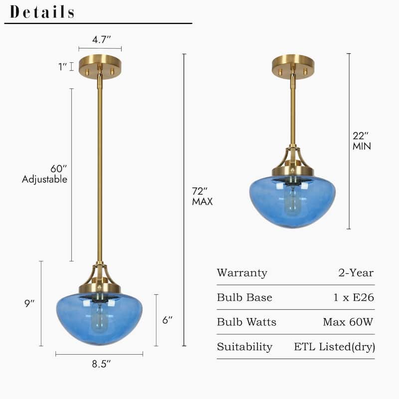 Modern Contemporary 1-Light Gold Kitchen Island Blue Schoolhouse Glass Pendant Lights for Dining Room - 8.5" Dia x 9" H
