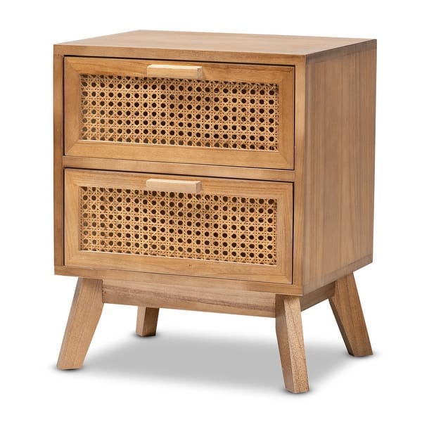 slide 2 of 11, Baxton Studio Baden Mid-Century Modern Walnut Brown Finished Wood 2-Drawer End Table with Rattan Natural Brown, Walnut Brown