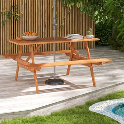 6 Person Picnic Table Set w/ Table 2 Built-in Benches Umbrella Hole