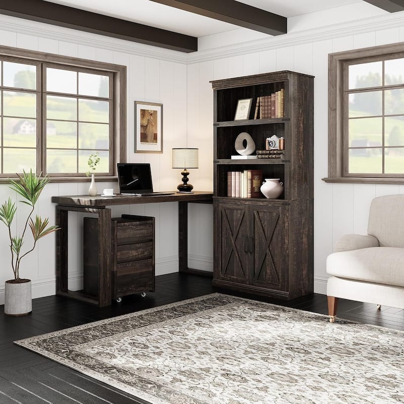 5 Tier Vintage Bookshelf Tall Farmhouse Bookcase with Doors - N/A