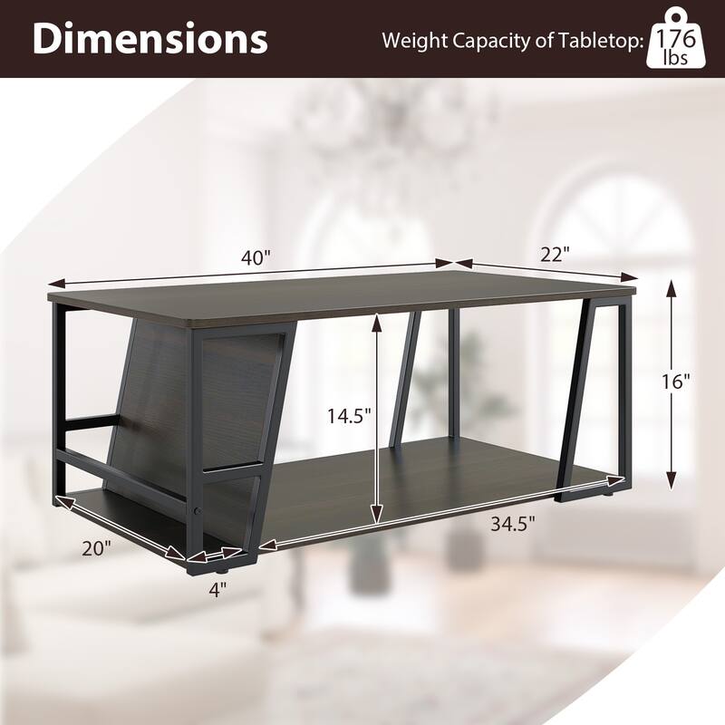Industrial Coffee Table with Storage Shelf and Side Compartment Rectangle Wood and Metal Accent Table for Living Room