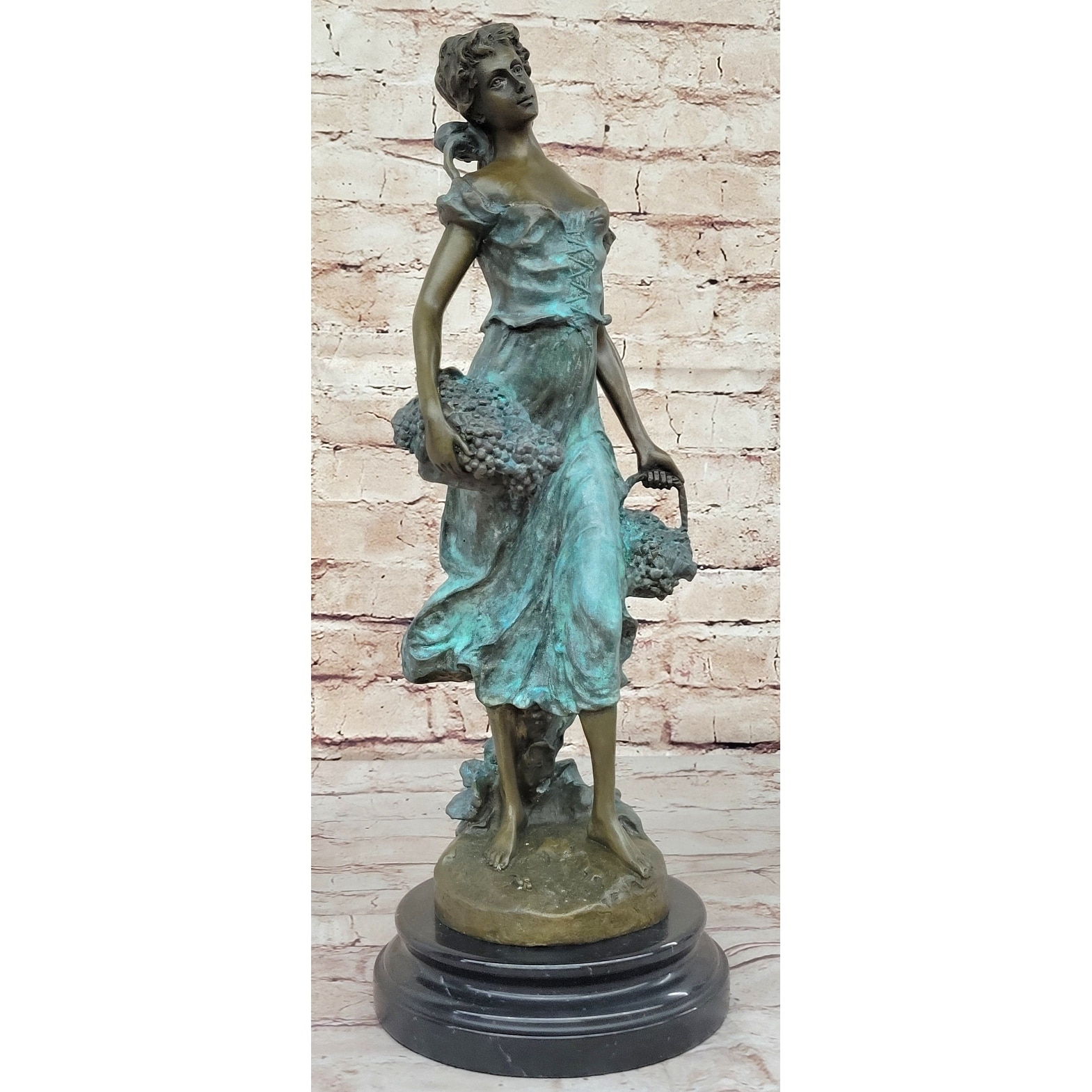 Girl Carrying Basket Of Grapes Clical Bronze Figure Statue Sculpture 17 Inches X 6 Inches