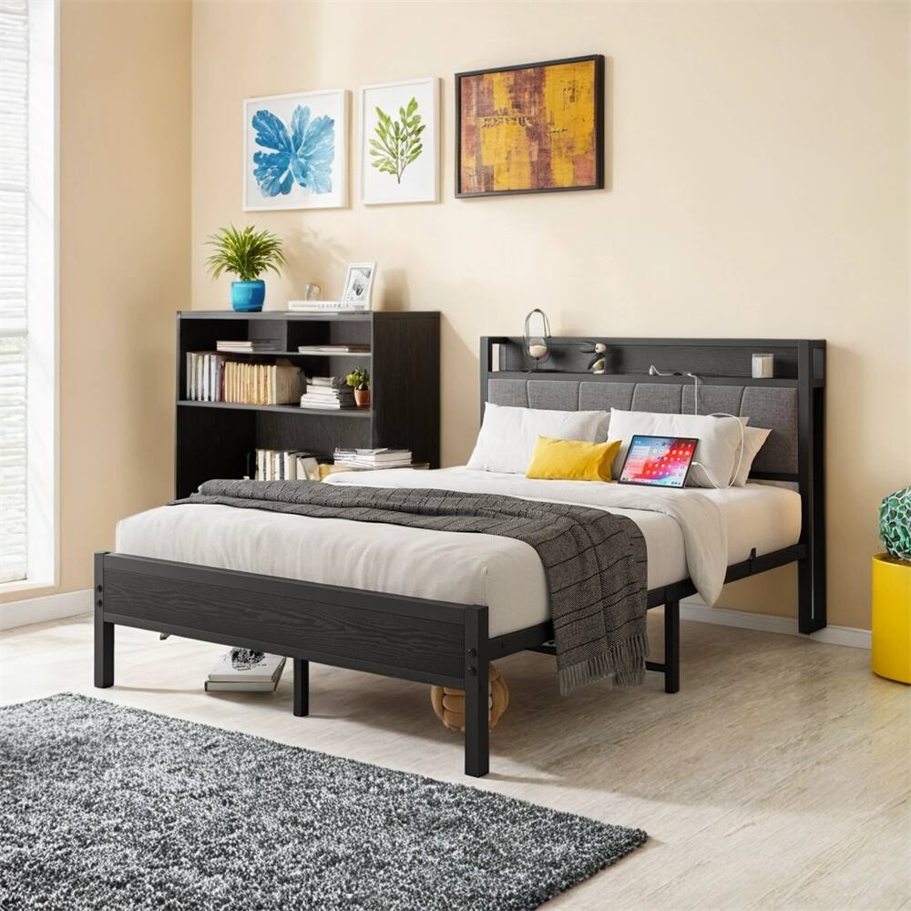 Full Size Bed Frame,Storage Headboard with Charging Station