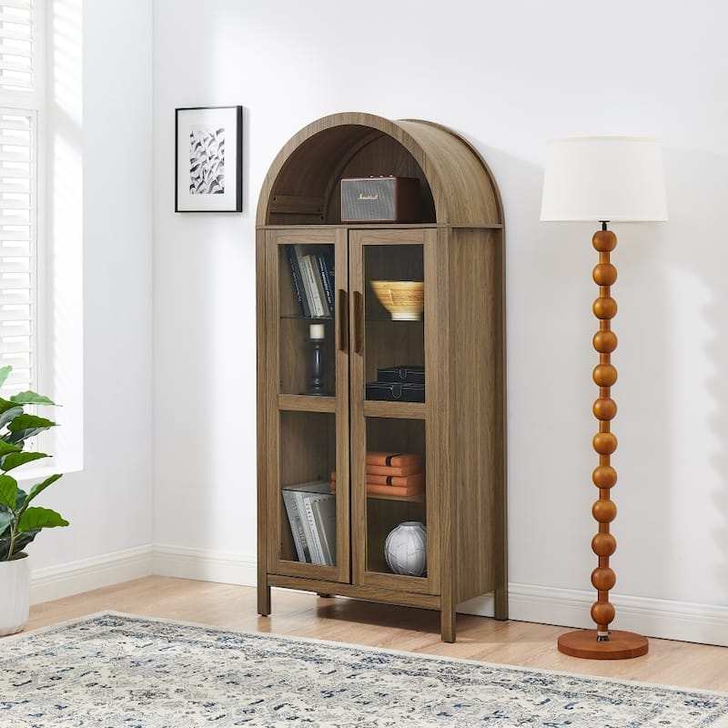 Modern Retro-style High Arched Wooden Storage Cabinet with Lamp - Brown