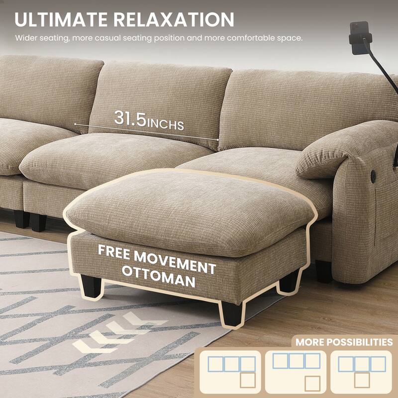 L-Shaped Modular Sectional Sofa with Ottoman, Chenille Upholstered Sofa with Charger Ports, Phone Holder & Storage Pockets