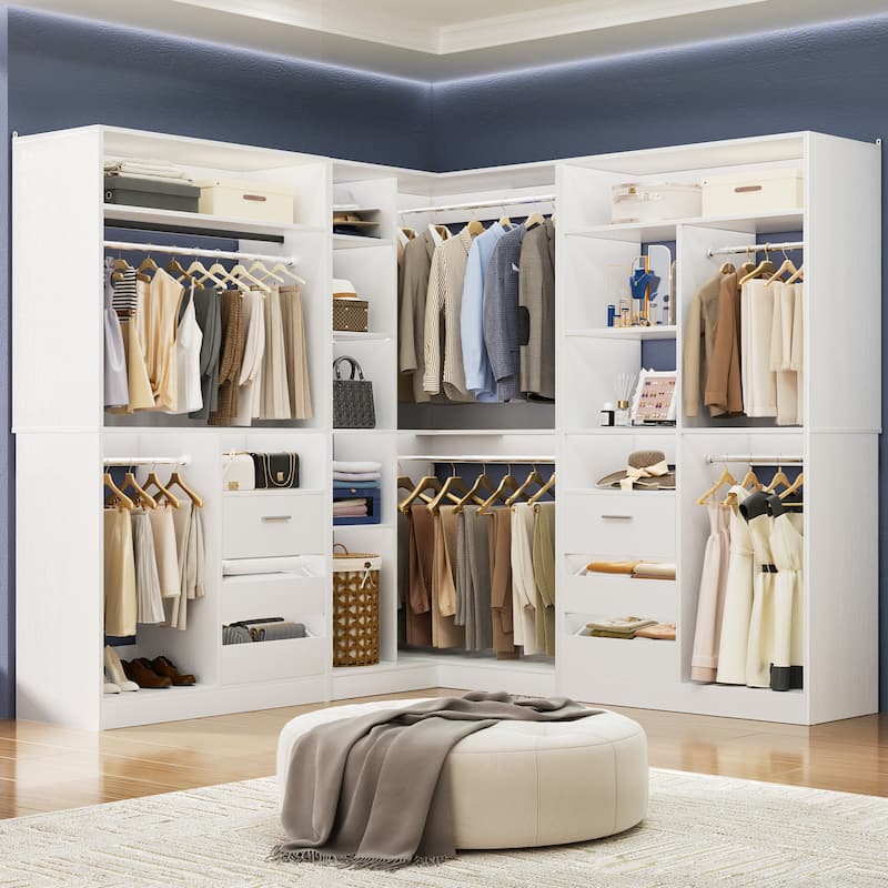 Qvella 72"-108" Closet System with Drawers and Hanging Rods,Freestanding Walk-in Closet Organizer System Wardrobe Closet Tower