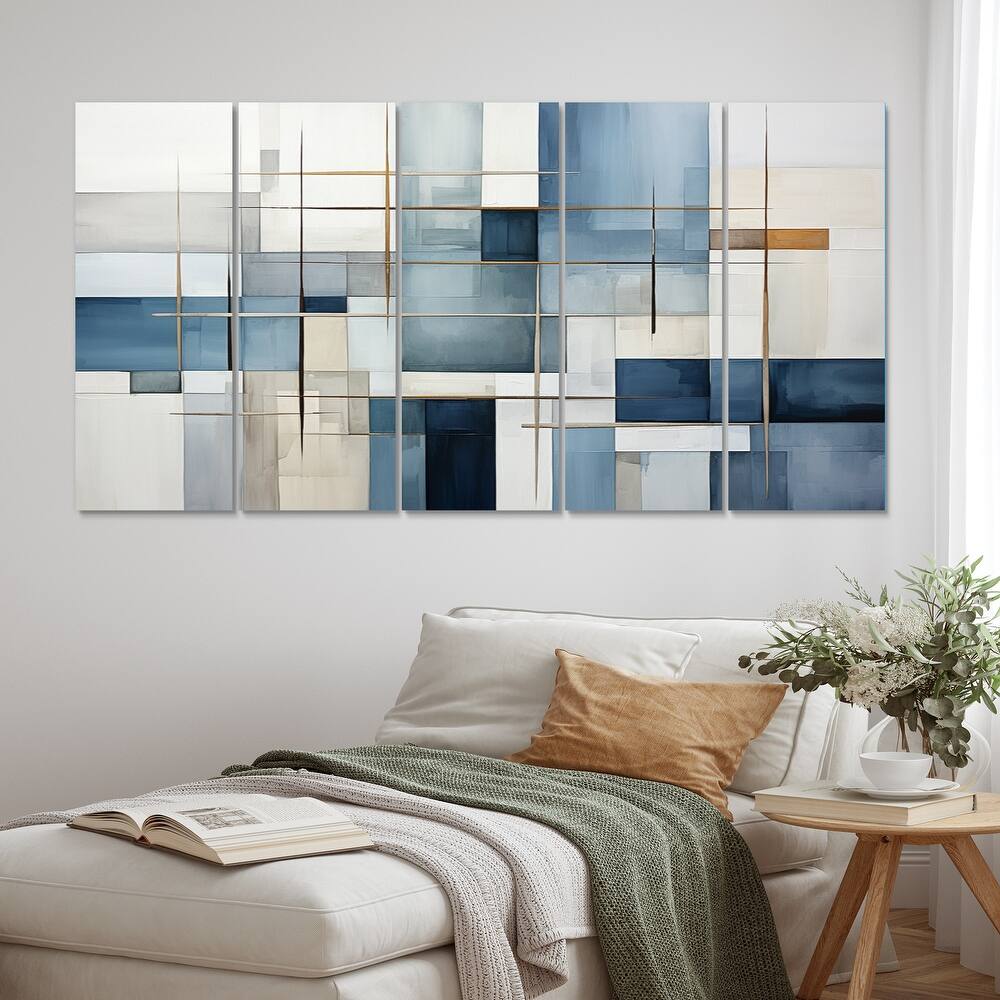 Designart "Blue Grey Line Art Abstract Geometrics I" Modern Multipanel Canvas Art Print set