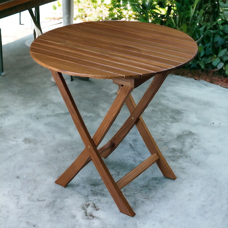HomeRoots 30" Brown Rounded Solid Wood Folding Outdoor Side Table - Brown