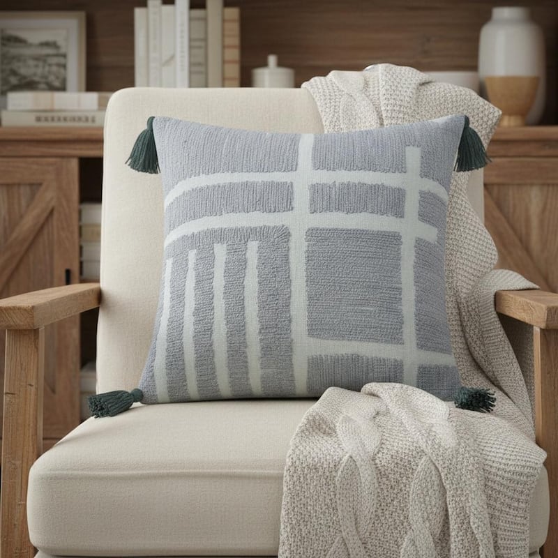 20" X 20" Olive Green Geometric Cotton Zippered Pillow With Tassels - Polyester - Single - 20.00 in. x 20.00 in.  x 4.00 in. - Pillow Sets - Olive Green