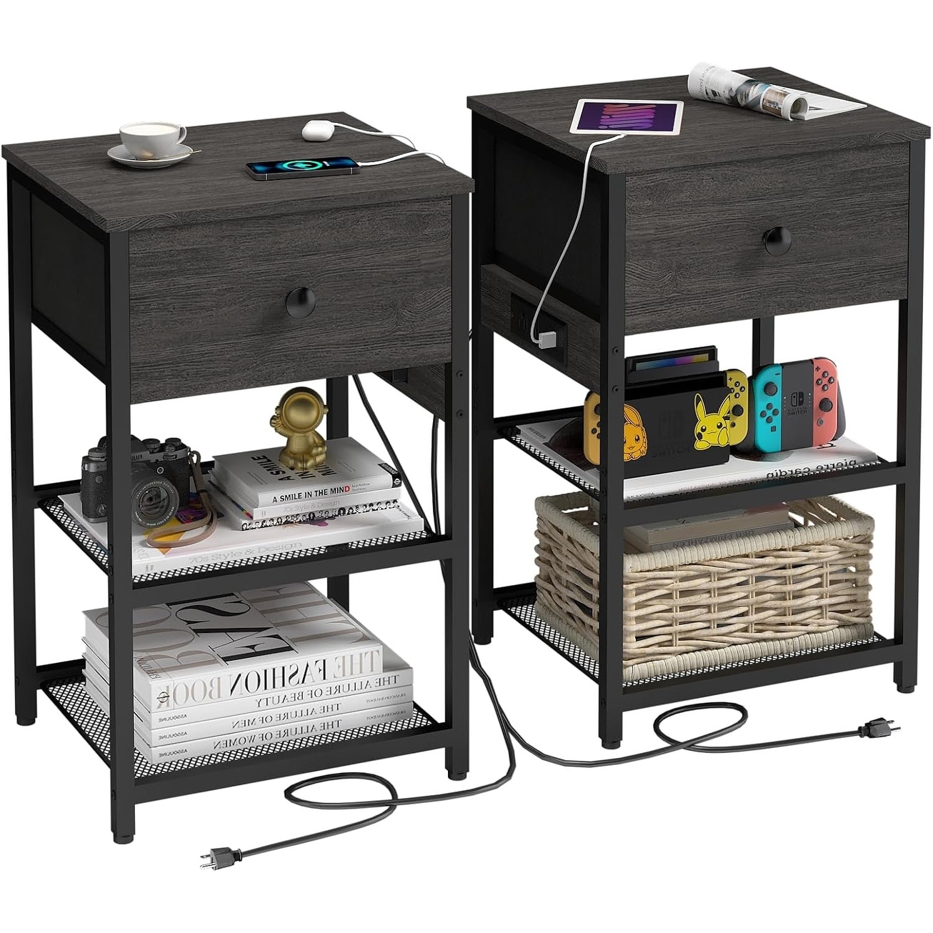 Nightstands Set of 2 with Charging Station, 2-in-1 Drawer, USB Ports, Grey End Table for Small Spaces