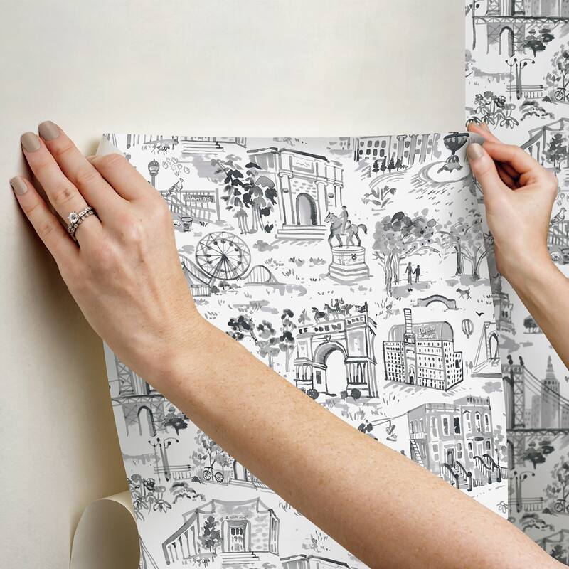 NuWallpaper Brownstone Boys Toile de New York Graphite Peel and Stick Wallpaper - N/A