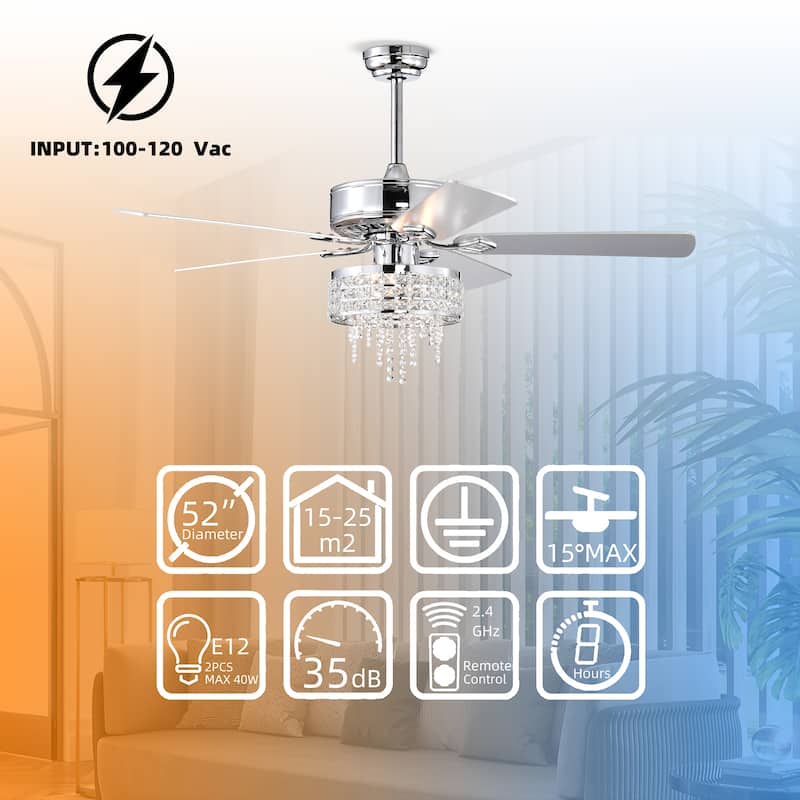 52” Modern Crystal Ceiling Fans with Lights Remote Control, Ceiling Fan with 5 Blade for Living Room, AC Motor, Chrome