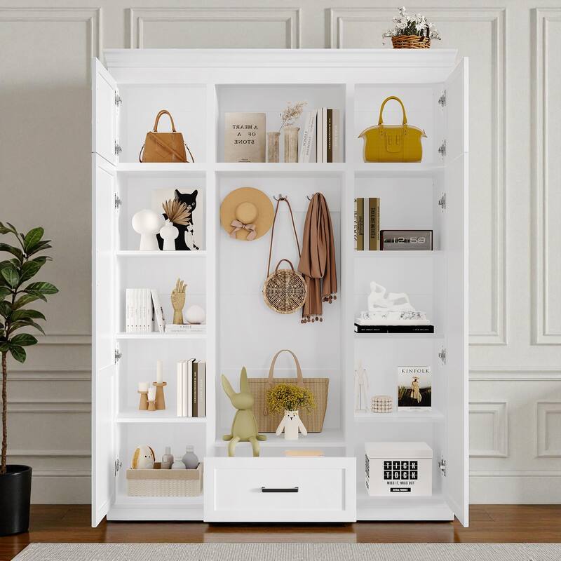85.2'' H Modern Hall Tree with Bench, 4 Doors, 3 Hooks & Drawer, Entryway Storage Cabinet with Adjustable Shelves