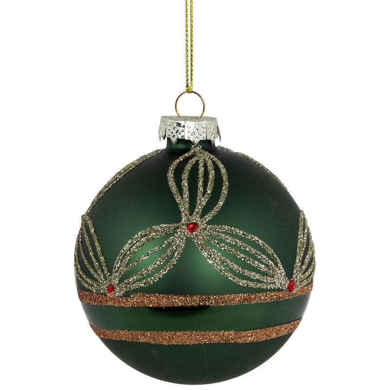 Holly Berry Christmas Glass Ball Ornaments - 3" - Green and Gold - 4ct