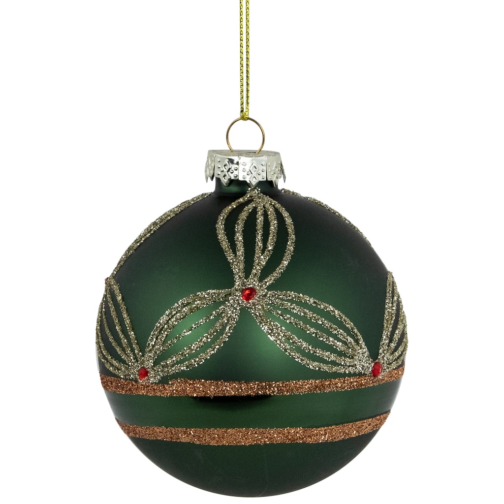Holly Berry Christmas Glass Ball Ornaments - 3" - Green and Gold - 4ct
