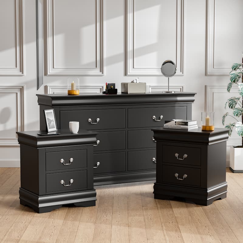 Furniture of America Devi Traditional 3-Piece Solid Wood Nightstand and Dresser Set - Black
