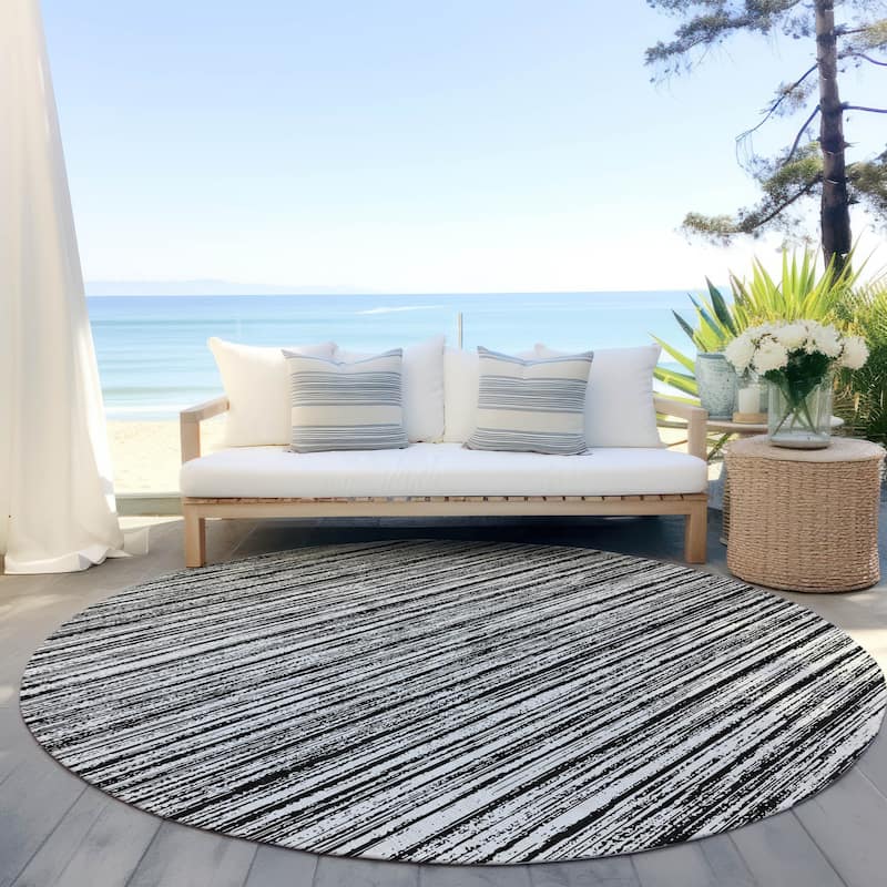 Machine Washable Indoor/ Outdoor Chantille Contemporary Stripes Rug - Black - 8' x 8'