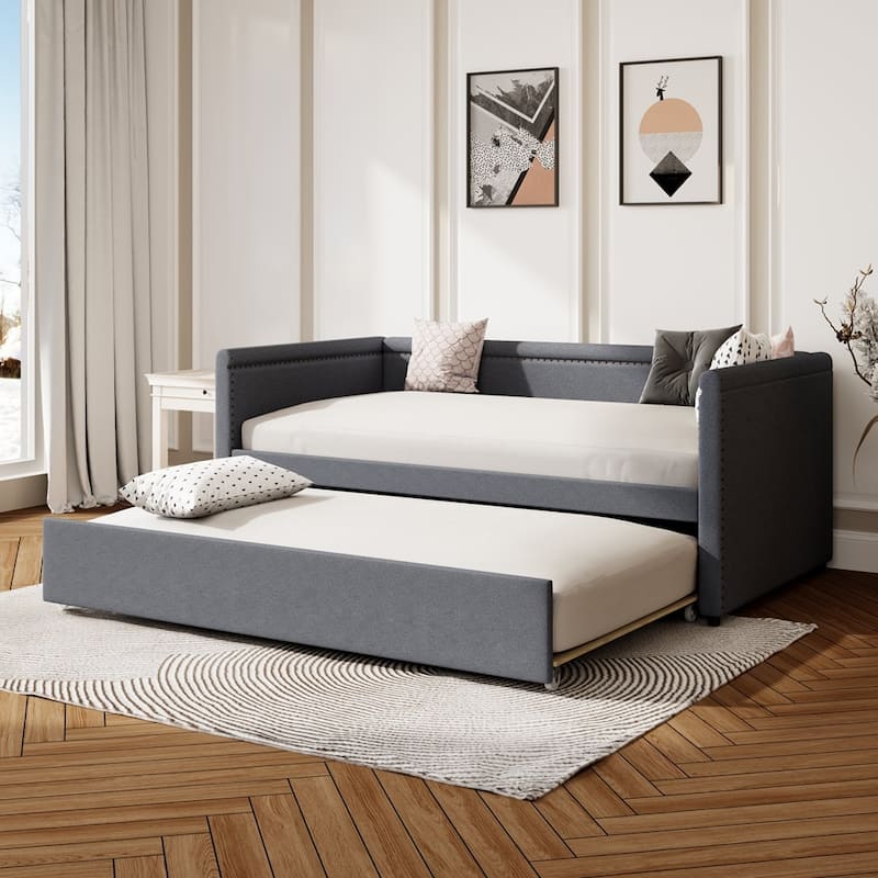 Traditional Linen Fabric Upholstered Twin Size Daybed with Trundle - Grey