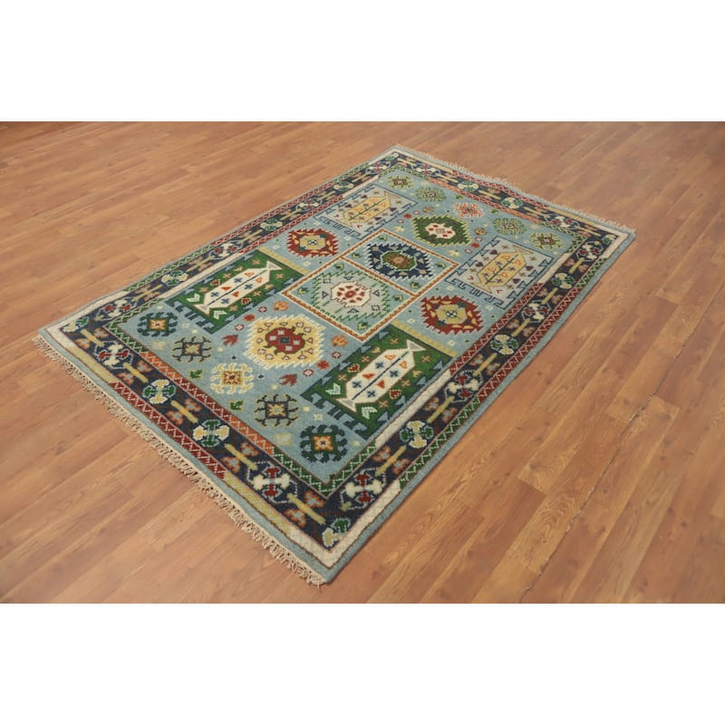 Hand-knotted Traditional Wool Blue Geometric Oriental Area Rug - 6' 0'' X 4' 0''