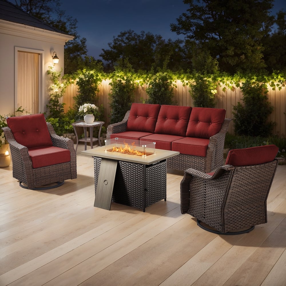 Gymojoy Wicker Patio Furniture Sofa Set with Fire Pit Table, 6-Inch Ultra Thick Cushioned 360° Swivel Glider Chairs