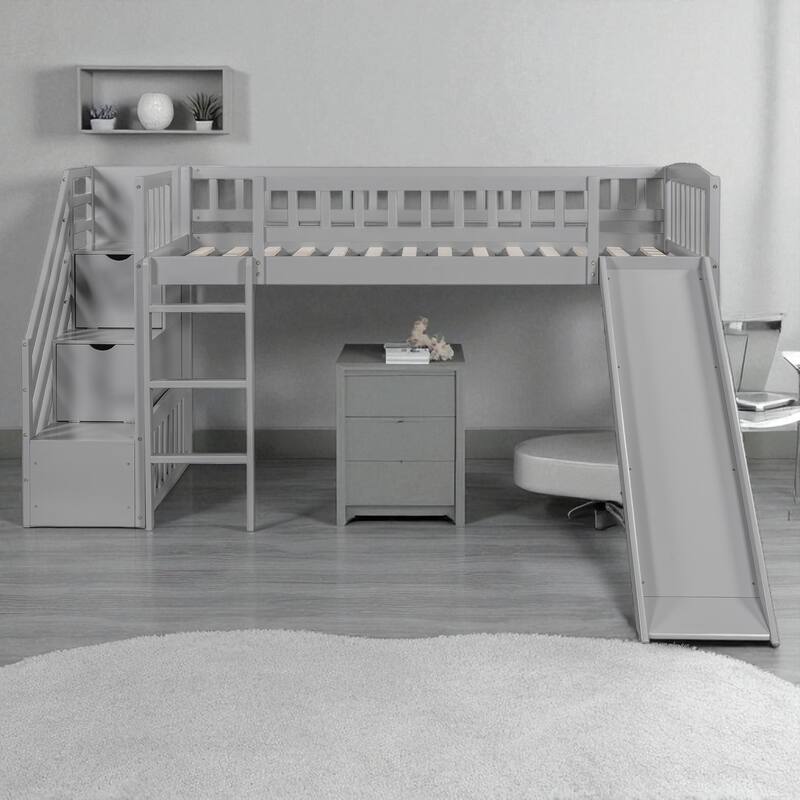Twin Size Loft Bed with Slide and Storage Stairs, Convertible Ladder and 2 Drawers, Wood Frame