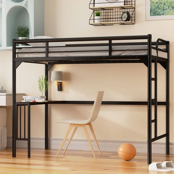 slide 2 of 10, Black Twin Size Metal Loft Bed with Desk and Guardrails Black