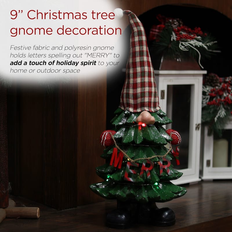 Alpine Corporation 28"H Polyresin Christmas Tree Gnome Decoration with Color Changing LED Lights