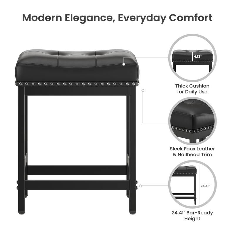 24.4" Backless Bar Stools Set of 2 - PU Leather Counter Height - Kitchen Island & Bar