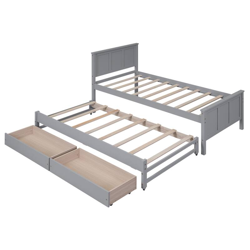 Twin Size Platform Bed with Trundle and Drawers, Wood Bed Frame with Headboard and Storage