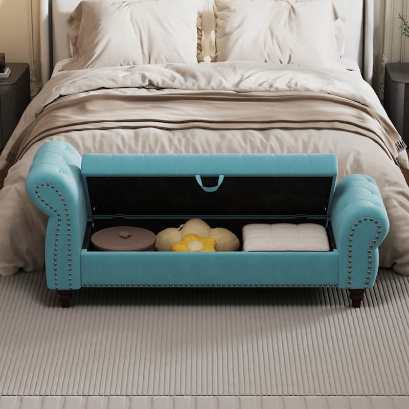 64.5" Bed Bench for Bed Room Nails Tufted Chaise of Lounge with Storage Velvet Upholstery Beige