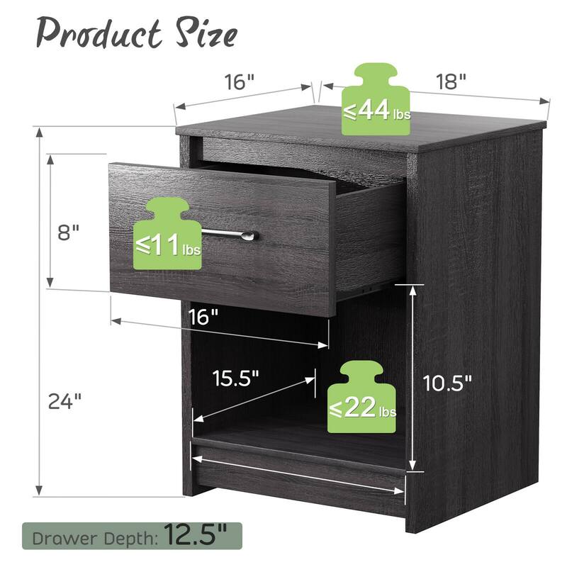 Gymax 2PCS Nightstand with Drawer Storage Shelf Wooden End Side Table