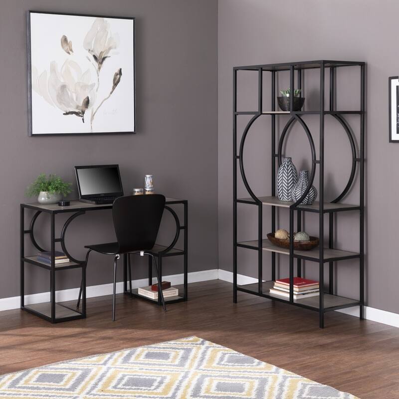 Tyberton Gray and Black Writing Desk with Storage 4 Open Shelves, Modern Pedestal Base, MDF Construction