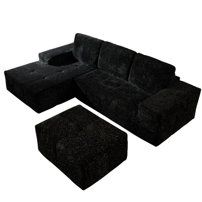 HOOOWOOO Modern Sparkly Velvet Fabric Chaise Sofa Couch with Ottoman