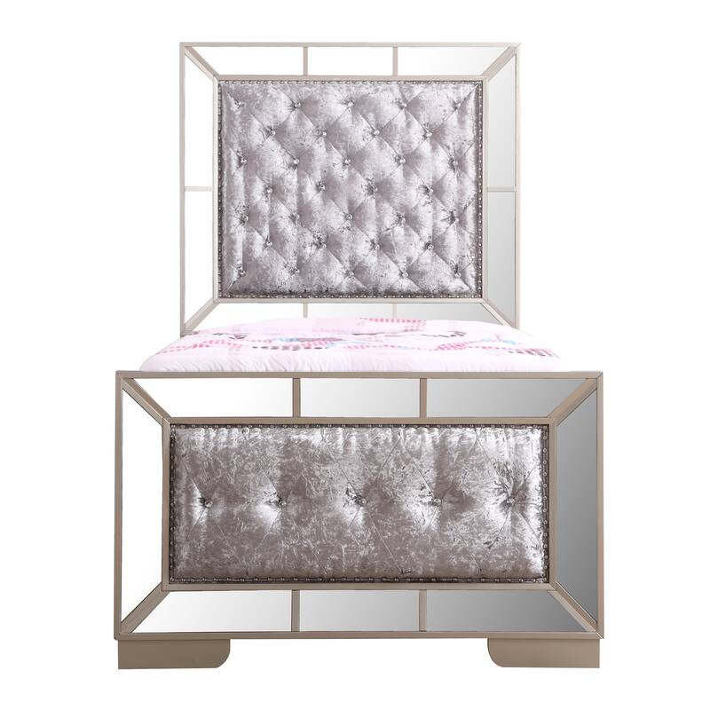Diamond Tufted Twin Panel Bed with Mirror - 80" - Silver Champagne