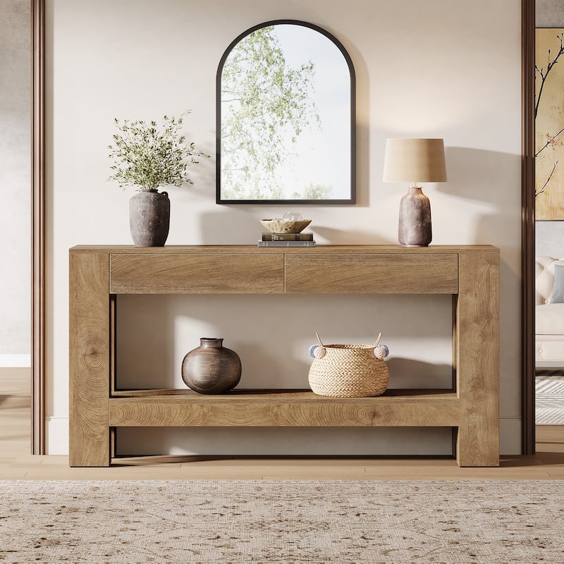 2-Tier Wooden Console Table with 2 Drawers for Entrance - / - Brown