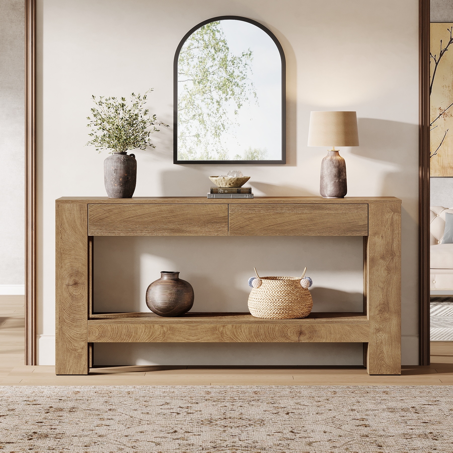 2-Tier Wooden Console Table with 2 Drawers for Entrance - /