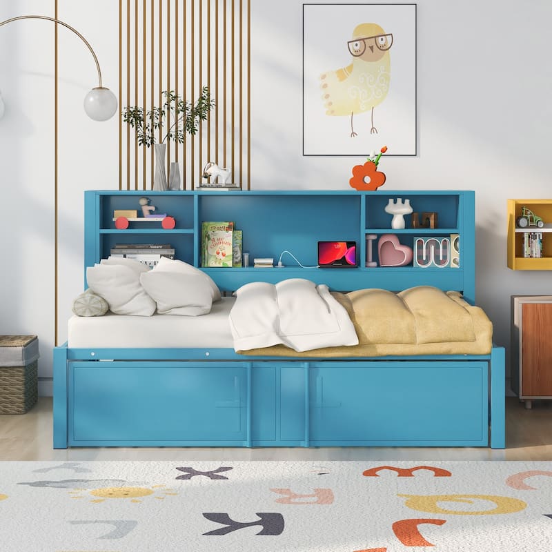 Blue Twin Size Daybed with Trundle, Storage Shelves, and USB Ports