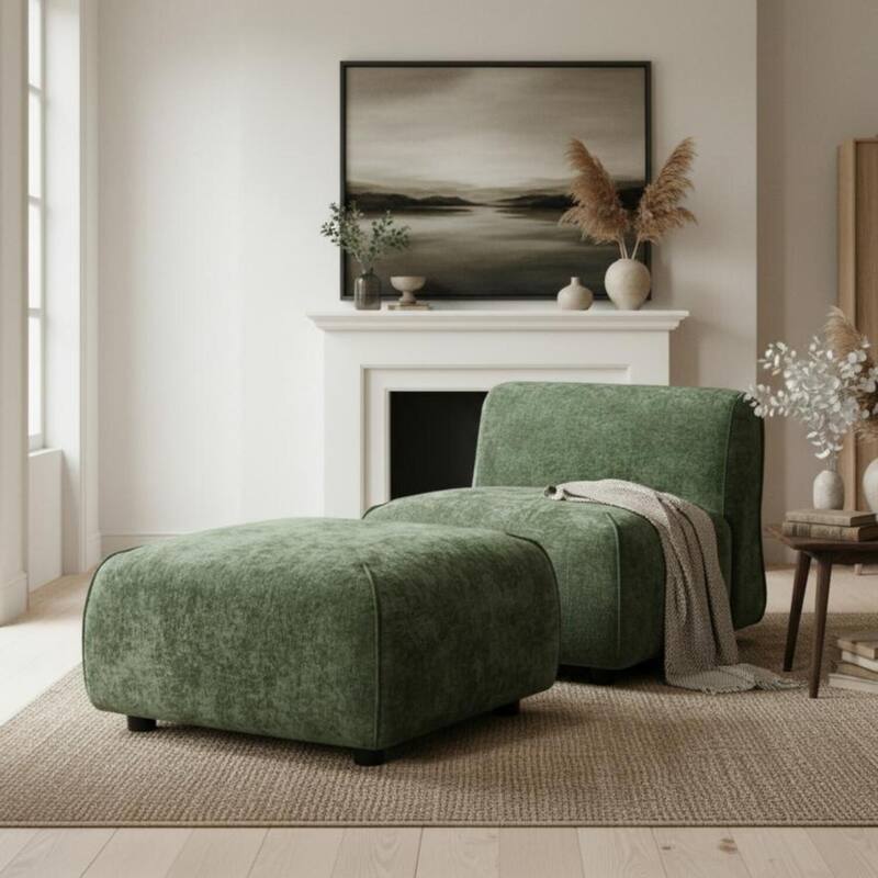 Christopher Knight Home - Marcella Modern 2-Piece Set Plush Upholstered Curved Padded Back Accent Chair and Footrest Ottoman