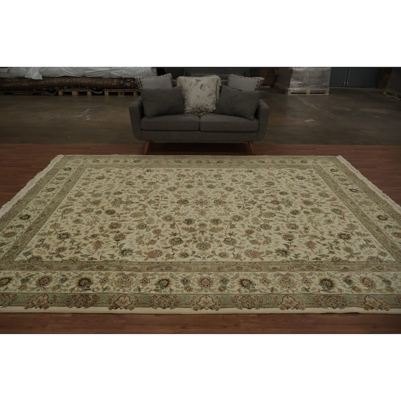 Hand Knotted Oriental 100% Wool Carpet Traditional Floral Beige & Ivories Kashan Area Rug - 11' 3'' X 8' 9''