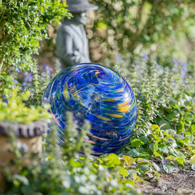 10" Art Glass Aqua Confetti Gazing Ball with Stand